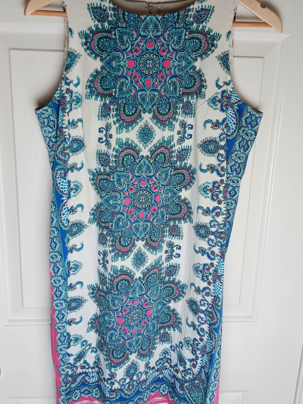 London Style Collection Women’s Size 10 White Blue Pink Paisley Shift Dress Zip